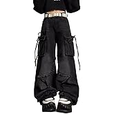 Baggy Denim Cargo Pants for Women Teen Girls Elastic High Waist Wide Leg Cute Star Y2K Strech Cargo Jeans Streetwear