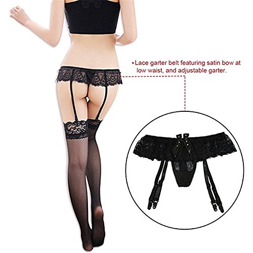 Mismxc Womens Lace Garter Belt Panties & Sheer Stockings Lingerie Set (Black Style 5)