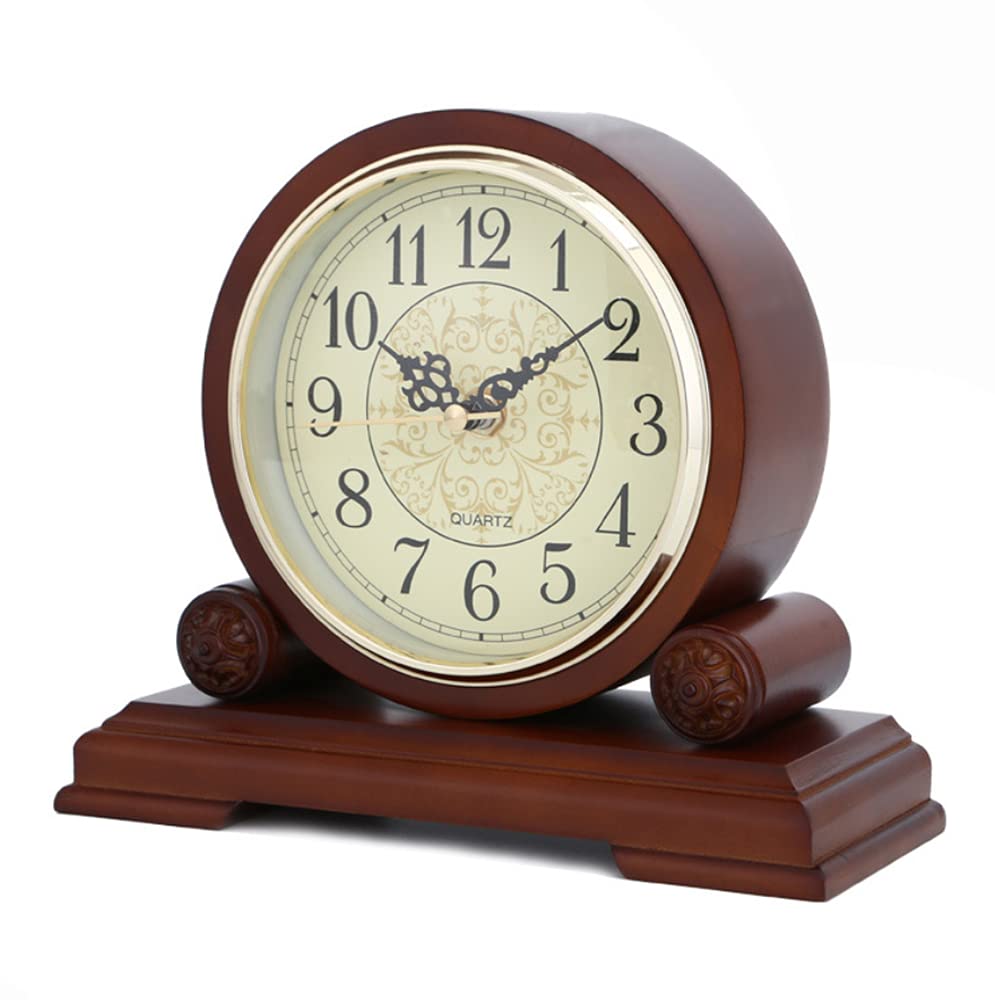 Tikwisdom Handmade solid wood table clock, mantel clock bracket bronze surface and numbers, silent quartz wooden clock, silent retro mantel clock