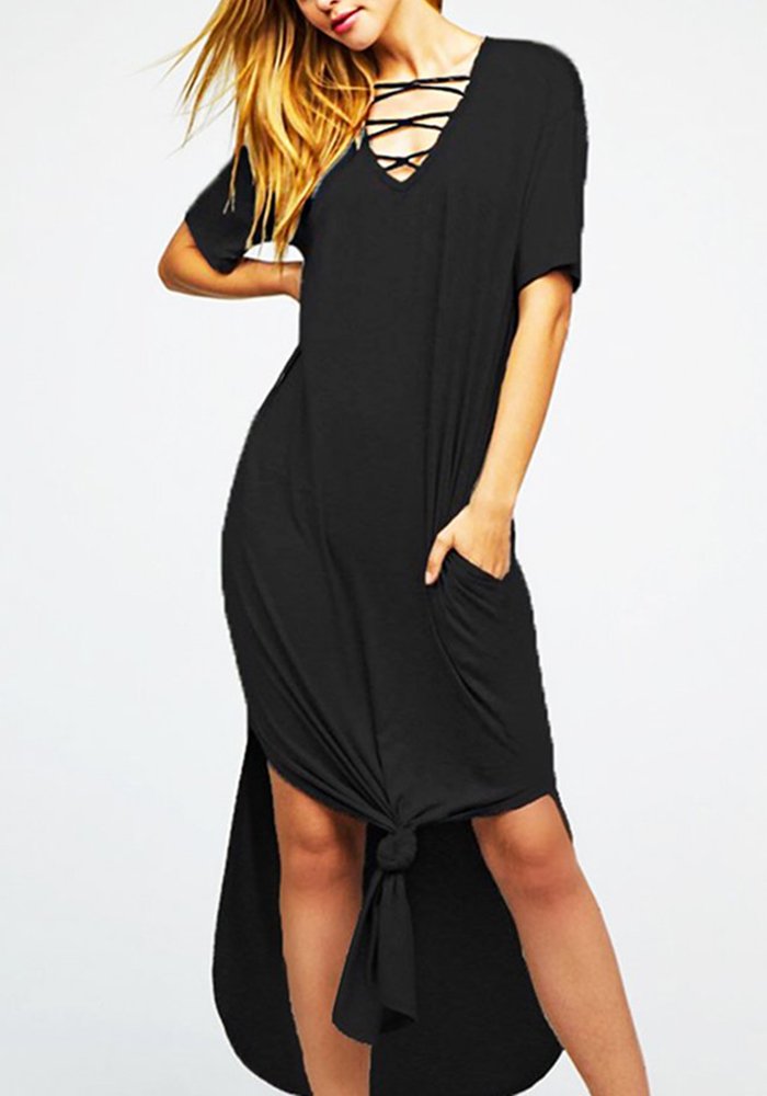 Womens Criss Cross Beach Dresses Casual Summer V Neck Short Sleeve Split Maxi Dress with Pockets