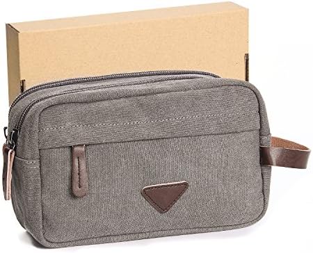 Men Canvas Travel Toiletry Bag, Shaving Dopp Kits with Double Compartments, Bathroom Travel Organizer Cosmetic Bags, Comes with Gift Box by DELSWIN (Gray)