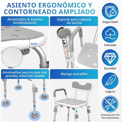 SCHIB Silla de Ducha para Adulto Altura Ajustable, Silla para Baño, Carga Máxima de 150 kg, con Brazos Extraíbles, para Personas Mayores, Mujeres Embarazadas, Lesión en Una Pierna