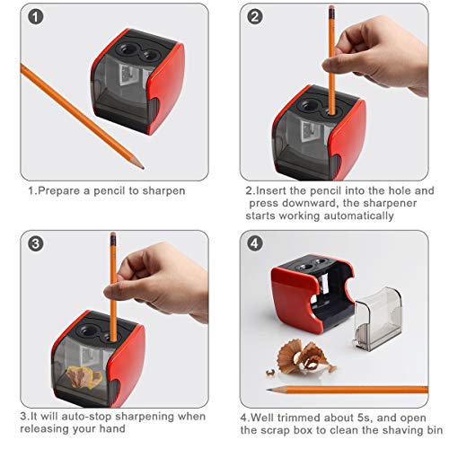 WIWAPLEX Electric Pencil Sharpener, Pencil Sharpener with USB Powered or Battery Operated, 2 Holes(6-8mm & 9-12mm) Portable Electric Pencil Sharpener for Student, Kids, Artist (Red) - Thumbnail 5