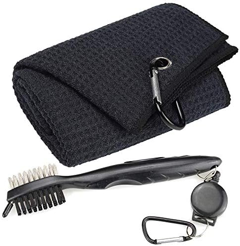 Mile High Life Microfiber Waffle Pattern Tri-fold Golf Towel | Brush Tool Kit with Club Groove Cleaner, Retractable Extension Cord and Clip Mile High Life Microfiber Waffle Pattern Tri-fold Golf Towel | Brush Tool Kit with Club Groove Cleaner, Retractable Extension Cord and Clip