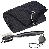 Mile High Life Microfiber Waffle Pattern Tri-fold Golf Towel | Brush Tool Kit with Club Groove Cleaner, Retractable Extension Cord and Clip (Black Towel+Black Brush)