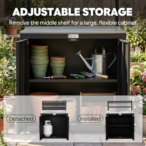 FEASTO Outdoor Potting Bench Table with Storage Cabinet, Stainless Steel Garden Workstation with Raised-Edge Top, Adjustable Shelf & Removable Hutch, Potting Table for Patio, Black/Coffee | Stainless Steel Garden Workstation, Raised-Edge Top, Adjustable Shelf & Removable Hutch, Patio, Balcony & Outdoor Workspace