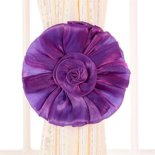 Rose Flower Curtain Tieback, 6.7" Diameter, Christmas Decorations 1 Pair Floral Tie Back, Flower Holdback Voile & Net Curtain Panels, Nursery Home Decor, Wedding Birthday Party Decoration (Purple)
