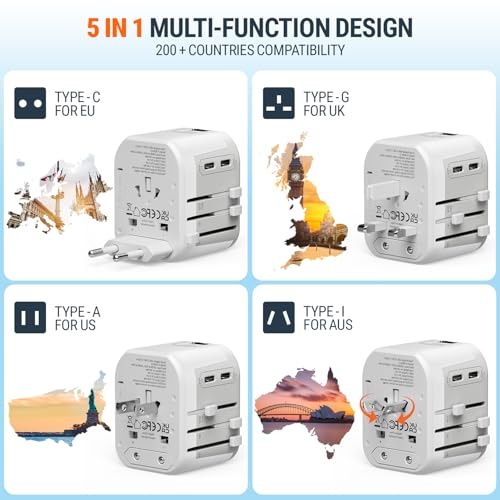 NTPRO Universal Travel Adapter-10A International Travel Adapter with 2 USB-C, 2 USB-A Ports (5-in-1), 5V-3.4A Fast Charging, Worldwide Plug Adapter for USA EU UK AUS, 2400W Max, Covers 200+ Countries