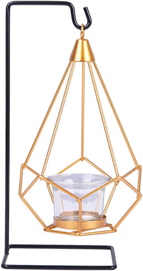 Juesi Modern Hanging Gold Metal Geometric Design Tealight Candle Holder with Black Iron Stand, Nordic Style Home Wedding Chrstmas Holiday Party Decor