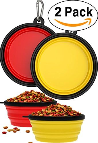 2 Pack Collapsible Travel Dog &amp; Cat Bowl [FREE Carabiner] BPA Free - Pet Bowl for Large Small Dogs Cats &amp; Puppy - Best Foldable Expandable Cup Dish Feeding Feeder Food Water Camping [Yellow &amp; Red]