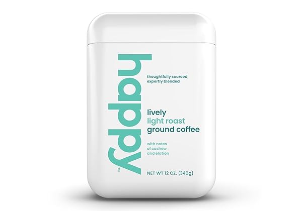 HAPPY COFFEE LIGHT ROAST GROUND COFFEE, 12 OZ., NOTES OF CASHEW & ELATION, RECYCLABLE CONTAINER, GROWN & HARVESTED IN COLOMBIA, BRAZIL & GUATEMALA