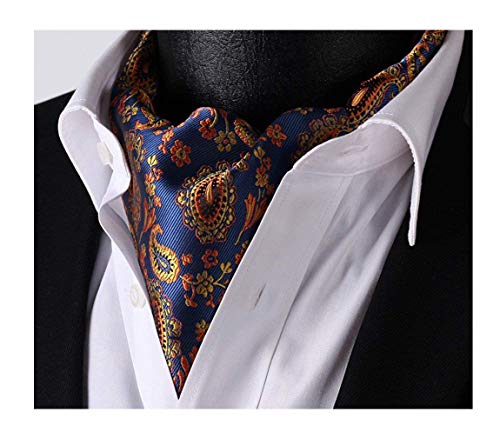 Allbebe Men'S Blue Orange Floral 100% Silk Cravat Ties Jacquard Woven Ascot (6290000063318)
