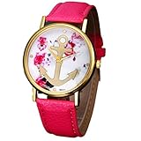 Kingfansion Vogue Women's Leather Floral Printed Anchor Quartz Dress Wrist Watch