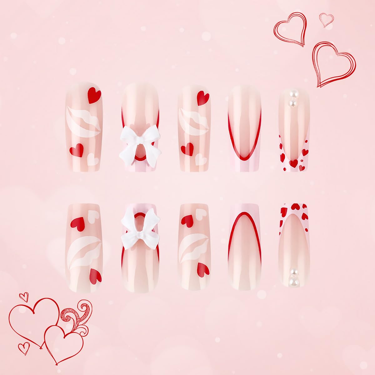 24Pcs Valentine's Day Press on Nails Medium Square Bow Fake Nails with White Bow Charms Design Red Heart False Nails Nude Pink Stick on Nails Full Cover Artificial Valentines Glue on Nails for Women - Image 4