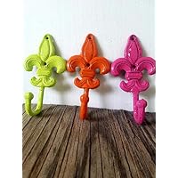 Lime Green, Bright Orange and Hot Pink Fleur De Lis Hooks - Set of 3 - Cast Iron - Heavy Duty - Matching Screws Included