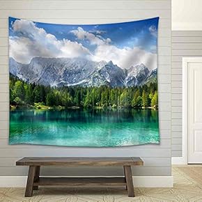 Beautiful Landscape with Turquoise Lake, Forest and Mountains - Fabric Wall Tapestry Home Decor - 51x60 inches