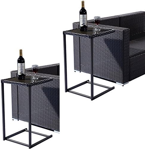 Table Side Sofe Coffee Tray End Table Rattan PE Square Glass Furniture 2PCS Brown