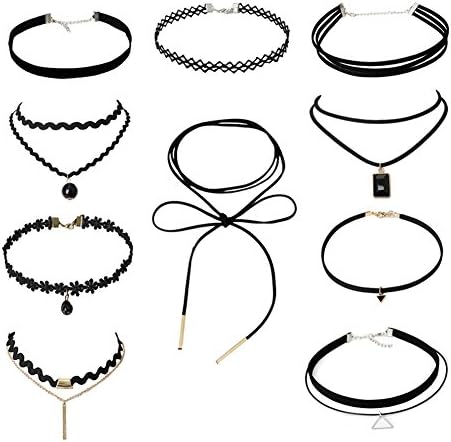 SUFUM 6pcs/8pcs Girls Necklaces Black Velvet Leather CB Lace Classic Gothic Tattoo Choker Sets 2 Choices (Black4)