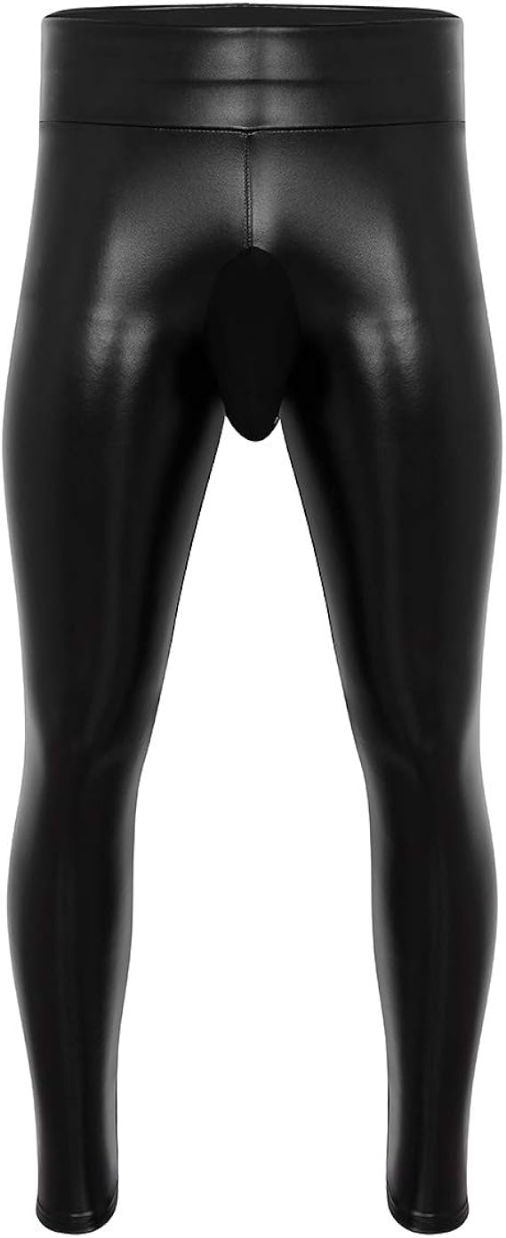 Agoky Mens PU Leather Bulge Pouch Leggings Muscle Tights