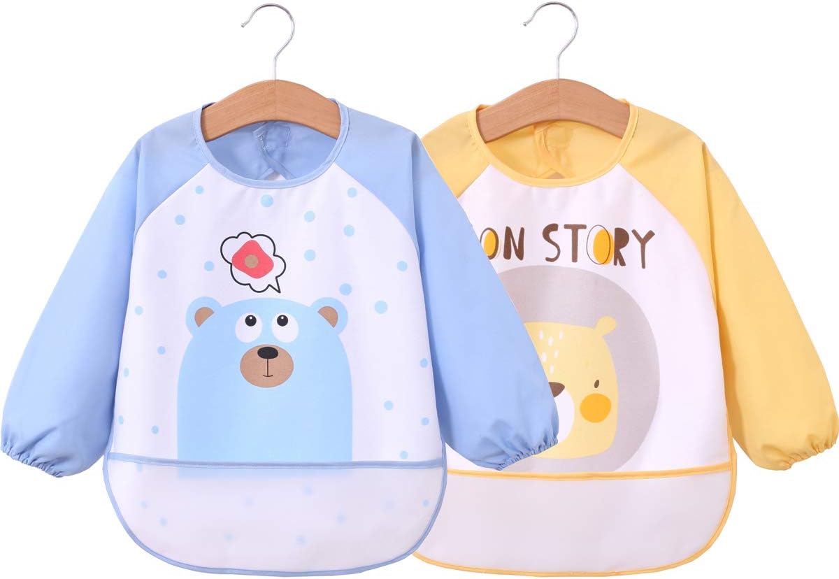 Babylaza Kids Waterproof Sleeved Feeding Bibs Long Sleeve Art Apron Smock Bib,Nursing Feeding Bibs,6 Months+ (Blue + Yellow)