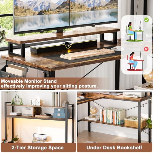 iSunirm L Shaped Gaming Desk with Power Outlets & LED Lights, Small L- Shaped Computer Corner Desk with Monitor Stand & Storage Shelf, Gaming Table with Storage Bag, Brown
