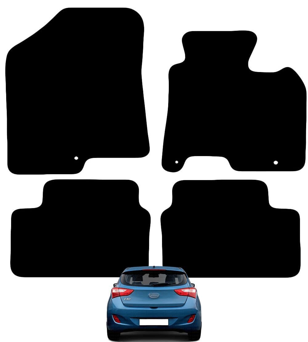 Carsio Carpet Car Mats For Hyundai i30 2012 to 2017 4 Piece Set with 3 Clips Tailored Fit Floor Mat Complete Accessory Black Custom Fitted - All Weather, Anti-Slip Backing & Black Trim