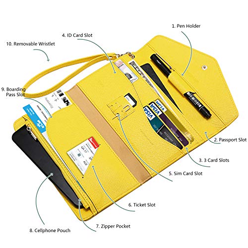 Krosslon Rfid Passport Holder Wristlet Travel Wallet Trifold Documents Organizer Slim Purse, Fit US UK CA Passport Cover Traveling Accessories for Women, Vibrant Yellow(208#) - Thumbnail 2