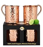 Premium Moscow Mule Copper Unlined Gift Pack Mug, 100 % Pure Solid Copper (16-Ounce, Hammered, Set of 2)