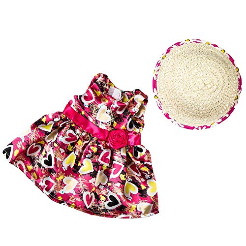 Livoty Clothes Dress Set with Hat for 18 Inch American Toy Girl Doll Flowers Printed Accessory Girl Toy (Hot Pink)