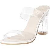 ZriEy Women's Chunky Block Open Toe Mid High Heeled Sandals Two Strap Slip on Heels Slide Sandals for Party Wedding Dress Dating Daily Pumps Shoes
