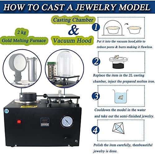 Vacuum Casting Machine Digital Display High Temperature Refining, 2KG Gold Melting Furnace,1400W 2000F Digital Electric Melting Furnace with Graphite Crucible for Melt Scrap, Silver, Gold, Copper