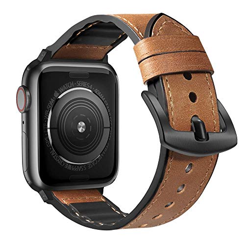 MARGE PLUS Compatible Apple Watch Band 44mm 42mm with Case, Sweatproof Hybrid Genuine Leather and Silicone Sports Watch Band Replacement for iWatch Series 5 4 3 2 1, Brown - Thumbnail 4