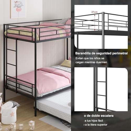 VirtuSync 200 x 105 cm Litera Individual con Cama Nido, Cama Triple para Adolescentes, Estructura Metálica Fuerte con Barandal Alto