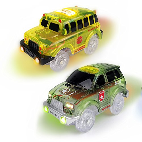 2 Pack Replacement Track Cars Light Up Toy Cars, 5 LED Flashing Lights Compatible with Most Tracks, Green Military Jeep and Yellow School Bus