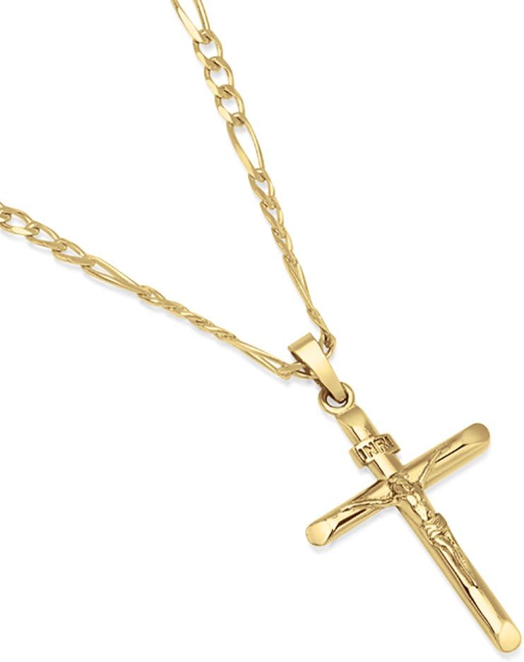 14K Gold Plated Sterling Silver INRI Crucifix Cross Pendant Figaro Chain Necklace - Choice of Sizes