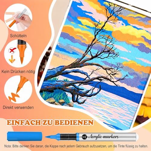 Vozuna 120 Acrylic Pens Set Waterproof - Acrylic Marker with Brush Tip for Painting Stones for Glass, Porcelain, Wood, Canvas, Ceramic, Fabric & Paper - Quick Drying, Opaque, for Adults & DIY