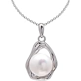 10 MM Cultured White Pearl Artistic Sterling Silver Drop Pendant Necklace for Women