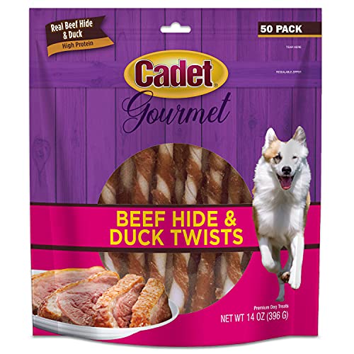 Cadet Gourmet Beef Hide & Duck Twists Dog Treats - Healthy & Natural Rawhide & Duck Dog Treats for Small & Large Dogs - Inspected & Tested in USA, 5 In. (50 Count)