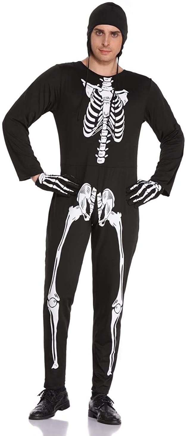Men's Black Skeleton Jumpsuit Fancy Dress Costume Size Uk One Size