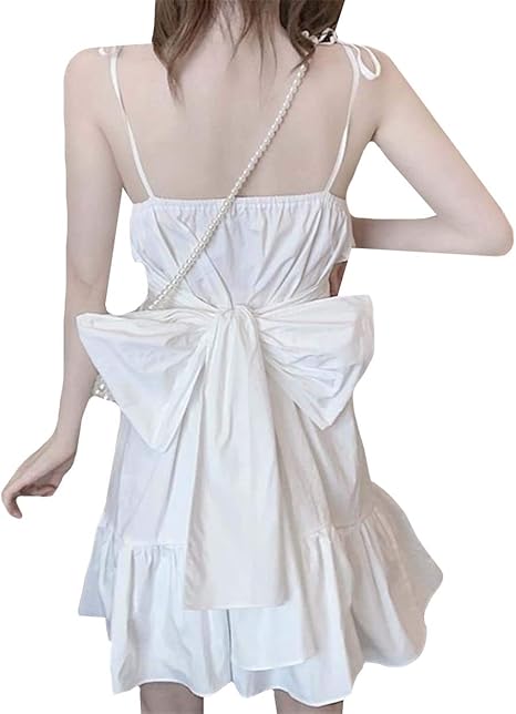 Amazon Co Jp ショッフェ レディースワンピース 蝶々結び セクシー Vネック襟 背露出 キャミソール 袖なし 無地 白ワンピース 日系 ひざ上 シンプル フィット 可愛い デート 女子会 旅行 写真通り F 服 ファッション小物