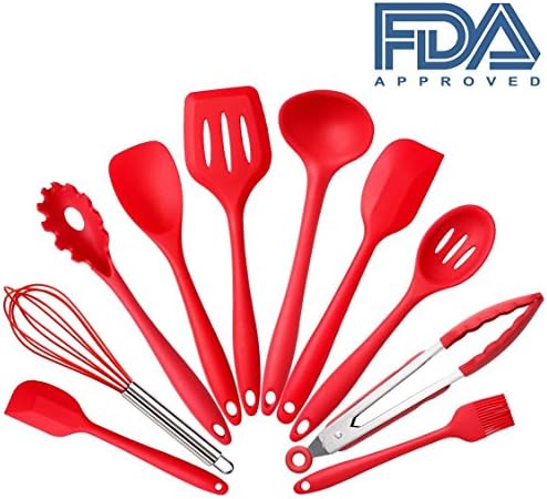 Silicone Kitchen Utensil Set of 10 Pieces,EALEK Cooking Baking Utensils Tool Gadgets Set,Heat Resistant Non Stick Non Scratch Silicone Spatula Kitchen Cooking Set (Red)