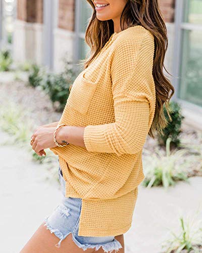 EFAN Women\'s Waffle Knit Fall Oversized Sweater V Neck Pullover Long Sleeve Loose Warm Shirt Tops with Pockets Yellow