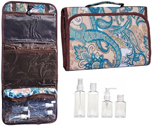 Teal Turquoise Paisley New Large Hanging Travel Makeup Toiletries Cosmetic Bag Case Organizer with 4 Pack Travel Size Bottle Set Gift Idea Teen Girls Women Mom (Style1)
