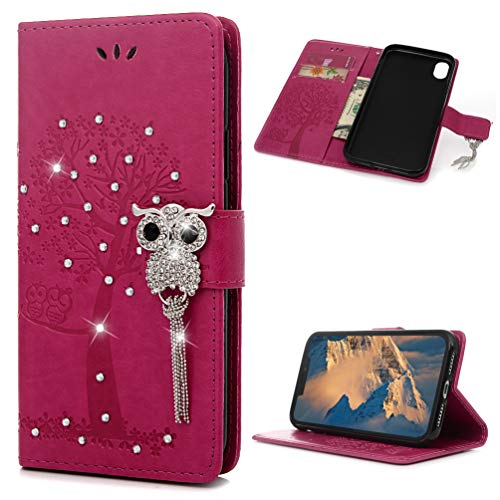 iPhone XR Wallet Case, Retro Embossed Owl Pattern Detachable Slim Fit Magnetic Car Mount Card Solts Holder PU Leather Flip TPU Inner Bumper Cover for iPhone Xr Red