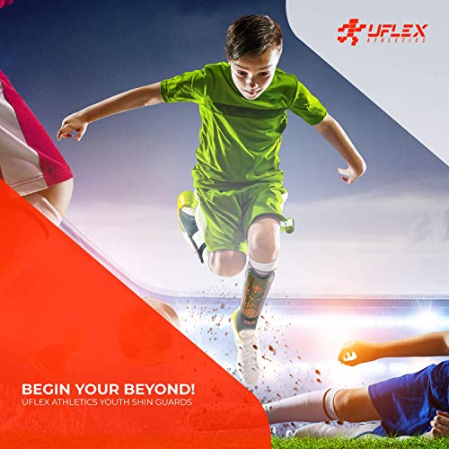 UFlex Athletics Slip and Slide Shin Guards for Kids and Teens - Protective Soccer Gear for Boys and Girls with Padded Ankle Support - Non Slip Adjustable Straps (Medium)