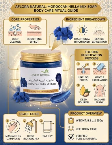Moroccan Nila Mix Soap, 250g, Blue Indigo and Herbal Formula, Deep Cleansing, Skin Brightening, Smoothing, for Face and Body