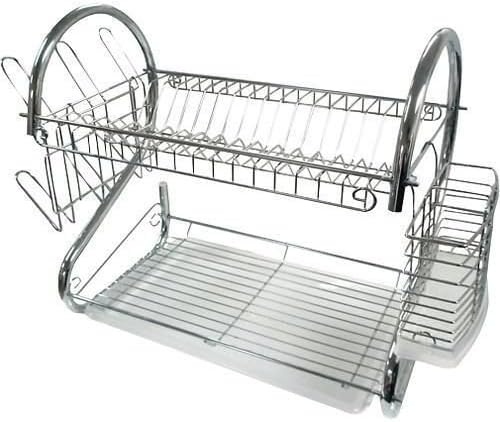 Gotobuyworld 2 Tier Chrome Plate Dish Cutlery Cup Drainer Rack Drip Tray Plates Holder Silver 43*25*38cm