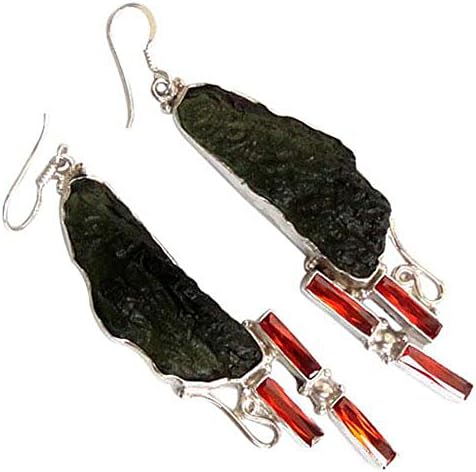 Silver Plated Handmade Earring 3 1/4'' Moldavite Red cz Gemstone Fashion Jewelry-199