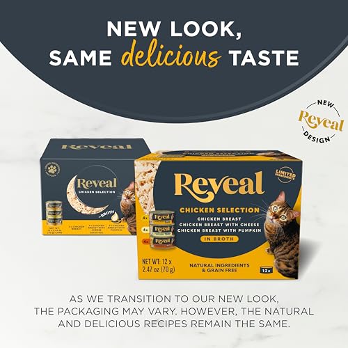 REVEAL NATURAL WET CANNED CAT FOOD, 3-FLAVOR VARIETY PACK, LIMITED INGREDIENT, GRAIN FREE, HIGH PROTEIN WITH NO ARTIFICIAL ADDITIVES, CHICKEN VARIETY IN BROTH, (12X 2.47 OZ CANS)