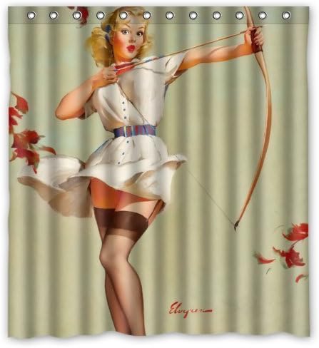 Jane Amercan Sexy Pinup Girl Shooting Bathroom Shower Curtain With Rings Vintage Retro Body Art Work Canvas Painting Style Waterproof Polyester Fabric 66(W)X72(H) 66x72inch